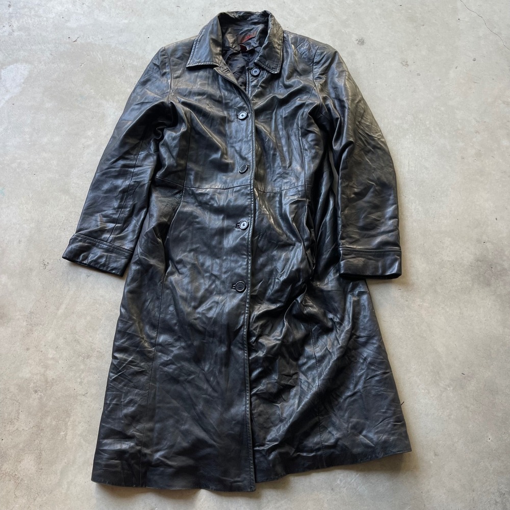 Danier Black Leather Trench Coat Women Medium Long Button Front Jacket 90s Y2K